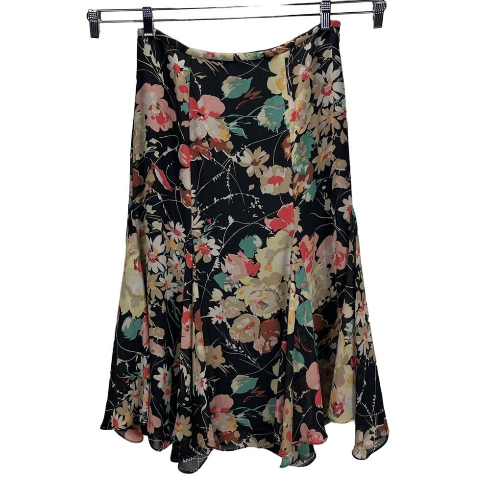 NWT CHAPS Floral Multi Color Chiffon Black‎ A-Line Skirt